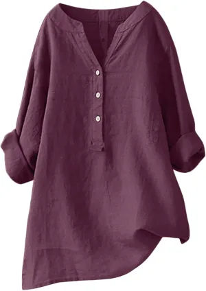 Women Linen Shirts Summer Linen Bohemian Short Sleeve Tunic Top Casual Loose Dressy V-Neck Tee Tops