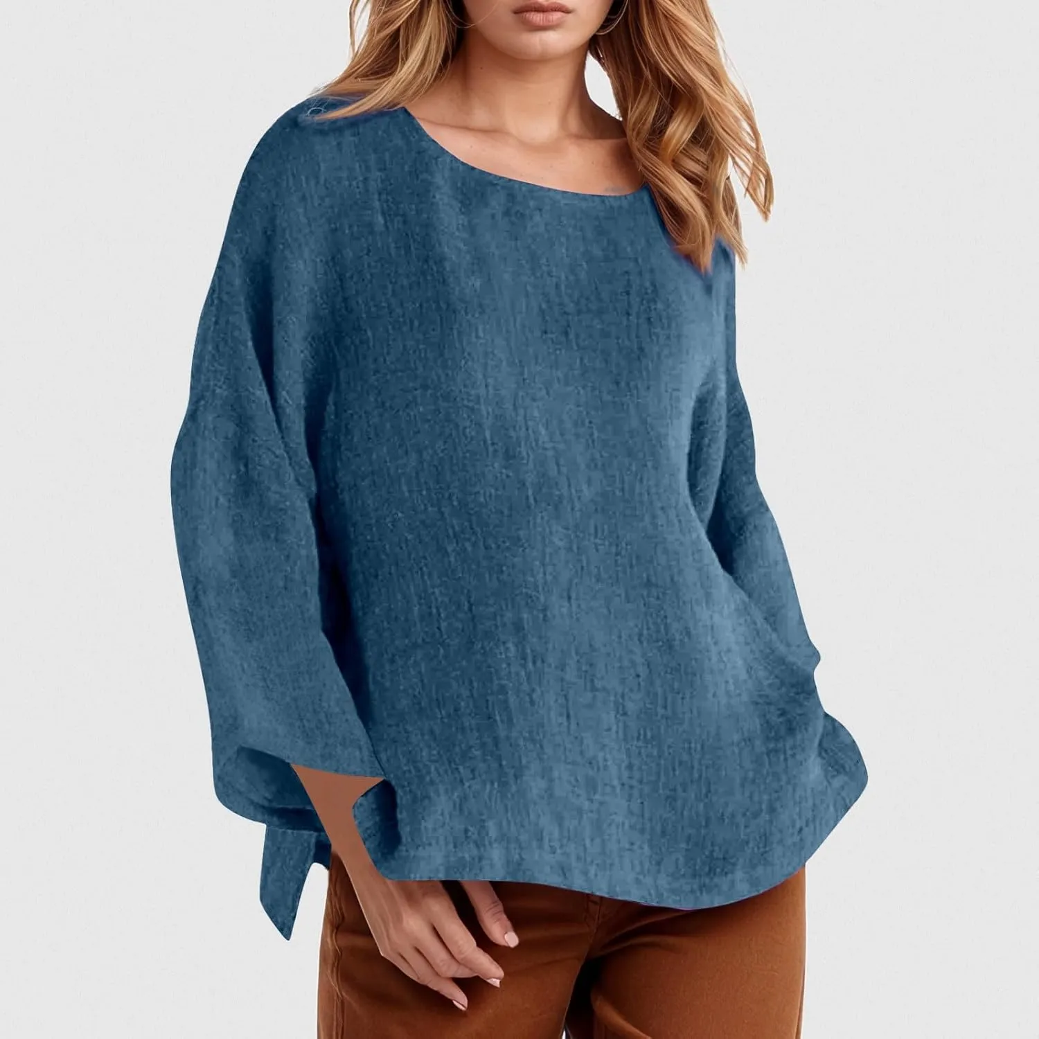 Women Linen Shirts V Neck Button Down Blouses Floral Print Dressy Tee Shirt Long Sleeve Loose Tunic Tops