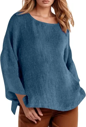 Women Linen Shirts V Neck Button Down Blouses Floral Print Dressy Tee Shirt Long Sleeve Loose Tunic Tops