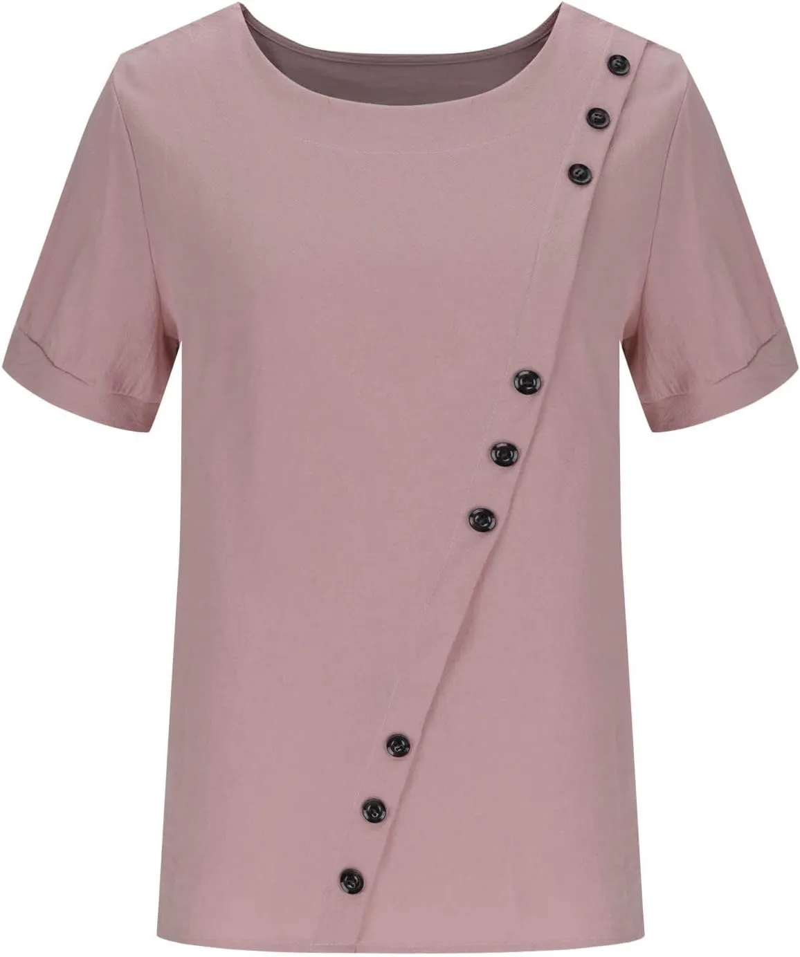 Women Linen Tops Short Sleeve Round Neck Gauze Shirt Casual Summer Vintage Loose Button Comfy Tshirt Cotton Blouse