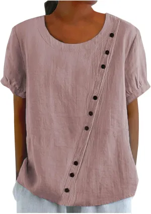 Women Linen Tops Short Sleeve Round Neck Gauze Shirt Casual Summer Vintage Loose Button Comfy Tshirt Cotton Blouse