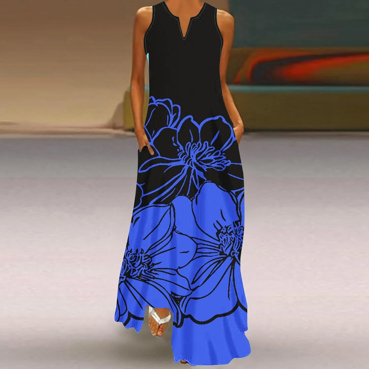 Women Loose Flowy Long Dresses Casual Printed Tank Dress Beach V-Neck Pocket Sundress Sleeveless Floor Length Dress