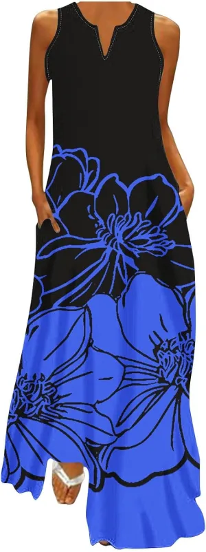 Women Loose Flowy Long Dresses Casual Printed Tank Dress Beach V-Neck Pocket Sundress Sleeveless Floor Length Dress