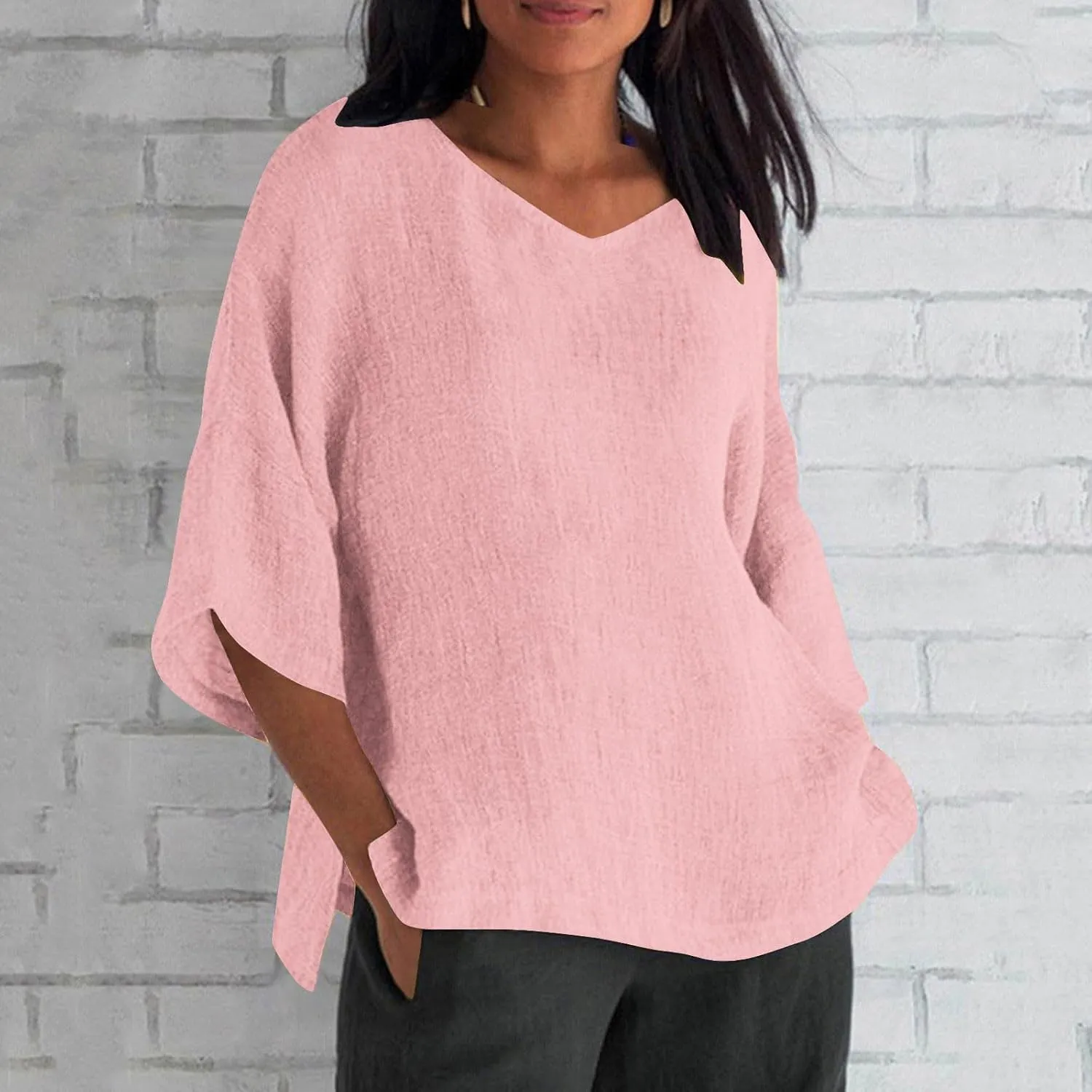 Women Oversized Cotton Linen T-Shirt Summer 3/4 Sleeve Crewneck Casual Tunic Tops Plus Size Basic Split Side Loose Fit Blouse