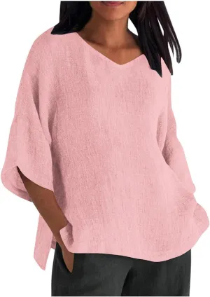 Women Oversized Cotton Linen T-Shirt Summer 3/4 Sleeve Crewneck Casual Tunic Tops Plus Size Basic Split Side Loose Fit Blouse