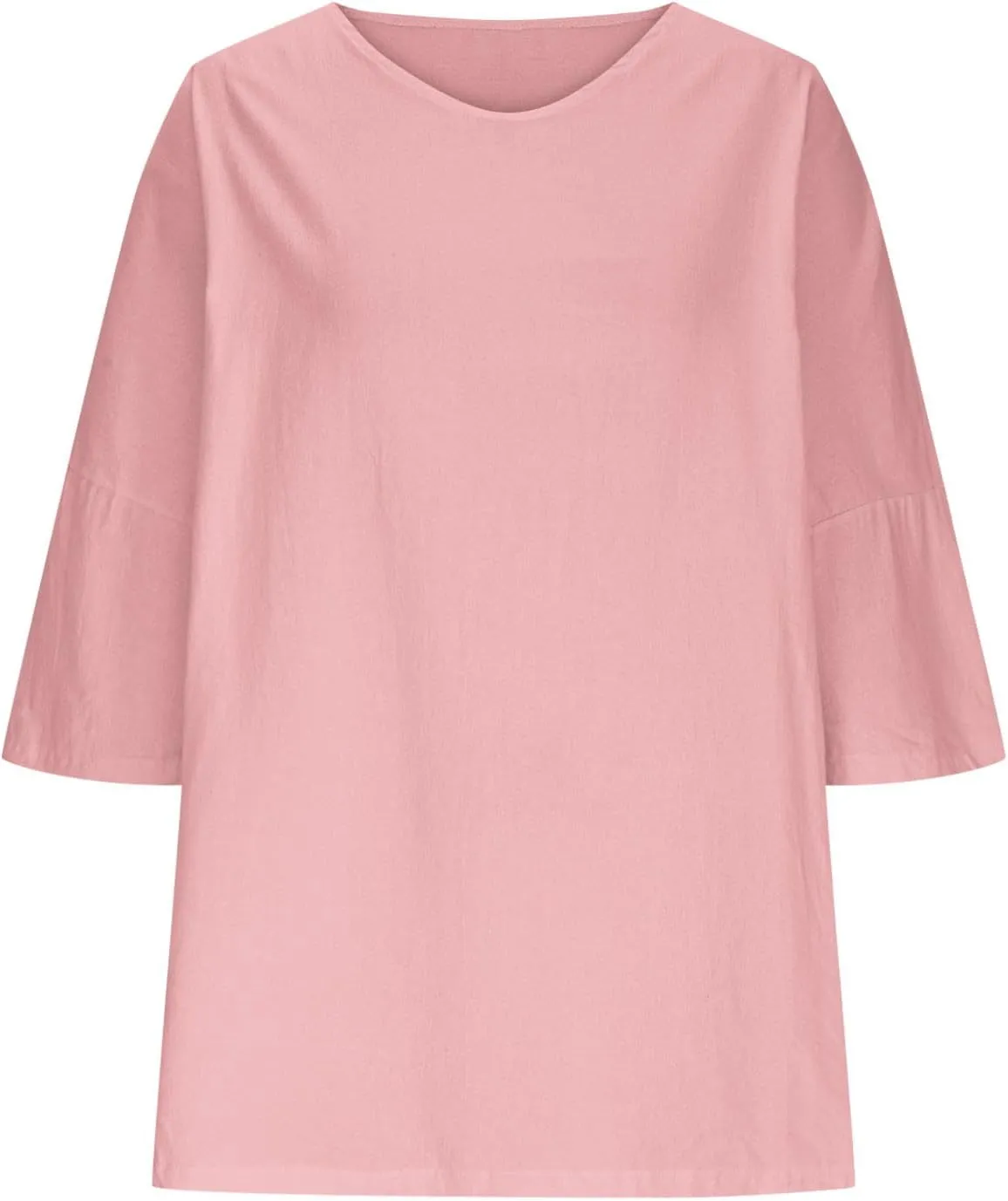 Women Oversized Cotton Linen T-Shirt Summer 3/4 Sleeve Crewneck Casual Tunic Tops Plus Size Basic Split Side Loose Fit Blouse