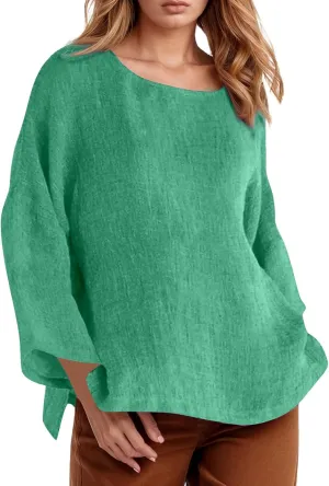 Women Short Sleeve Cotton Linen Shirts Casual Crew Neck Henley T Shirt Bohemian Boho Loose Summer Tee Tops