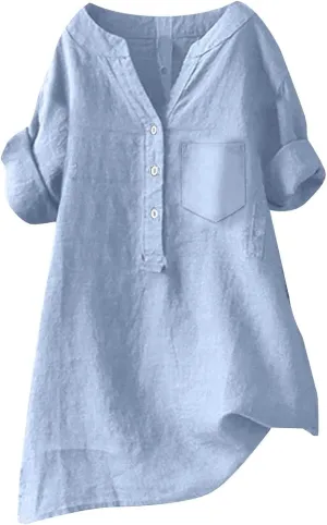 Women Short Sleeve Linen Shirts Casual V Neck Trendy Dressy T Shirt Collared Button Down Loose Summer Tshirts