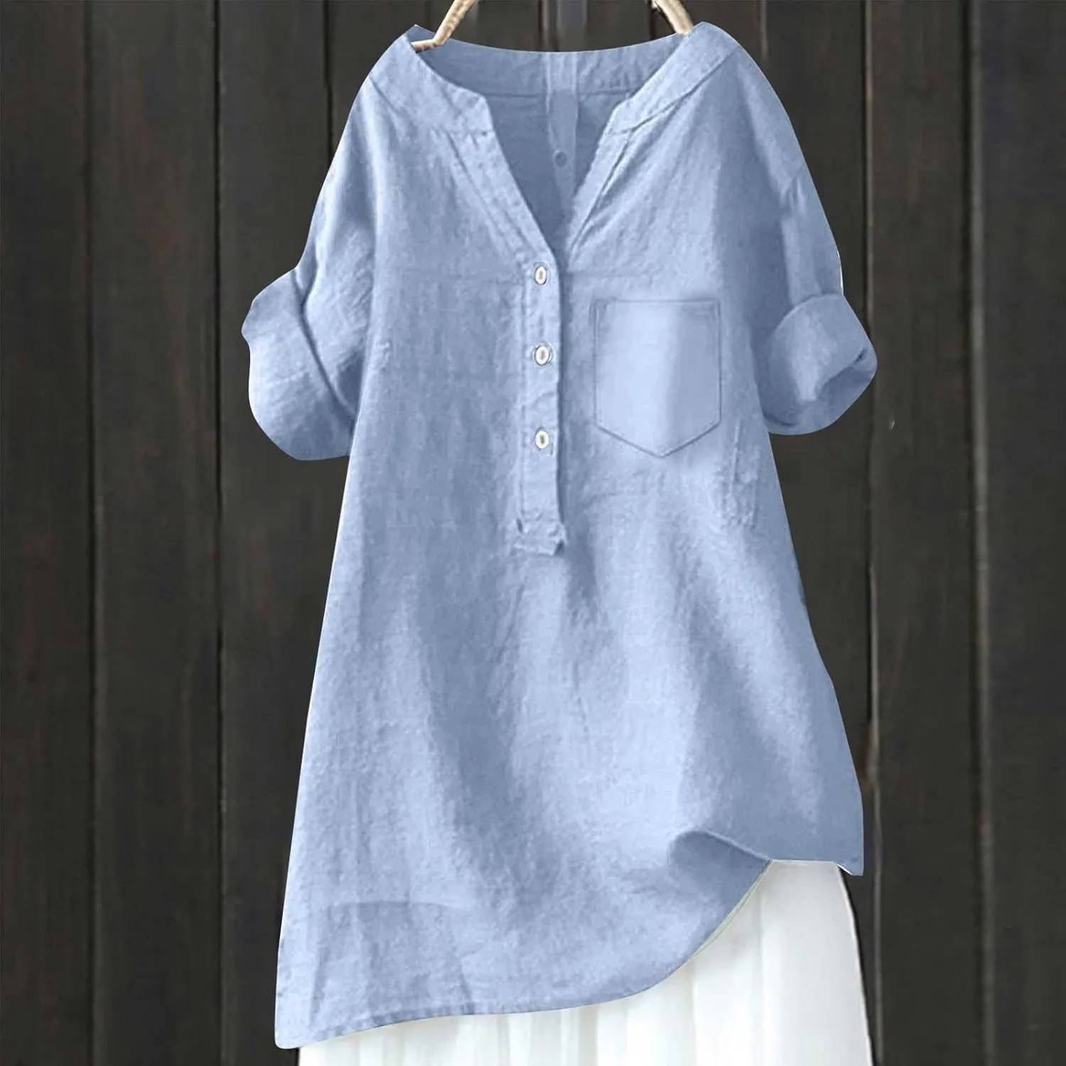 Women Short Sleeve Linen Shirts Casual V Neck Trendy Dressy T Shirt Collared Button Down Loose Summer Tshirts