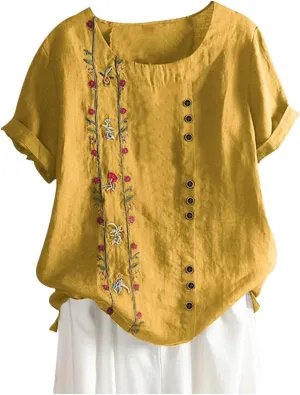 Women Short Sleeve Linen Shirts Floral Print Cotton Blouses Dressy Causal Tunic Tops Trendy Summer Causal Outfits