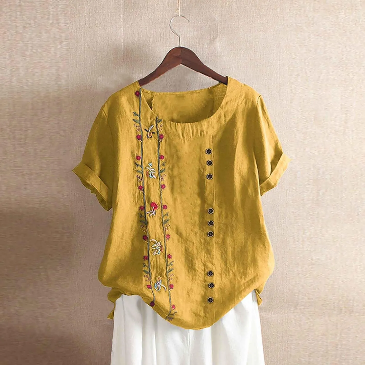 Women Short Sleeve Linen Shirts Floral Print Cotton Blouses Dressy Causal Tunic Tops Trendy Summer Causal Outfits