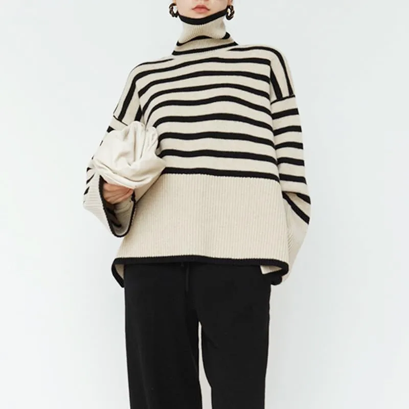 Women Turtleneck Striped Sweaters Oversized Stretch Pullover Sweater Ribbed Half Zipper Knit Jumper Tops Winter Outfits