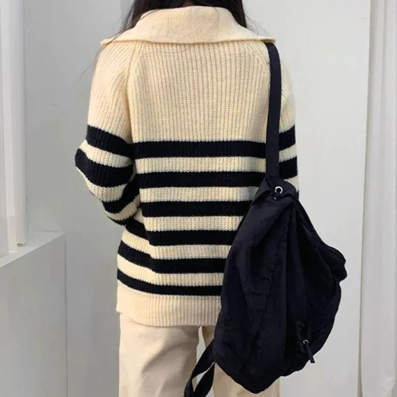 Women Turtleneck Striped Sweaters Oversized Stretch Pullover Sweater Ribbed Half Zipper Knit Jumper Tops Winter Outfits