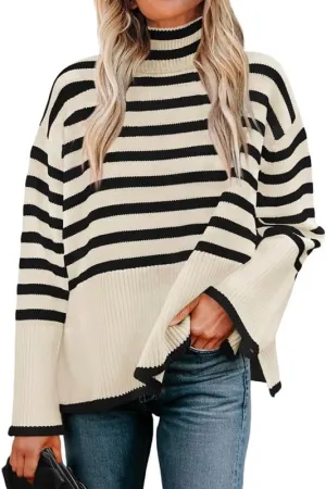Women Turtleneck Striped Sweaters Oversized Stretch Pullover Sweater Ribbed Half Zipper Knit Jumper Tops Winter Outfits
