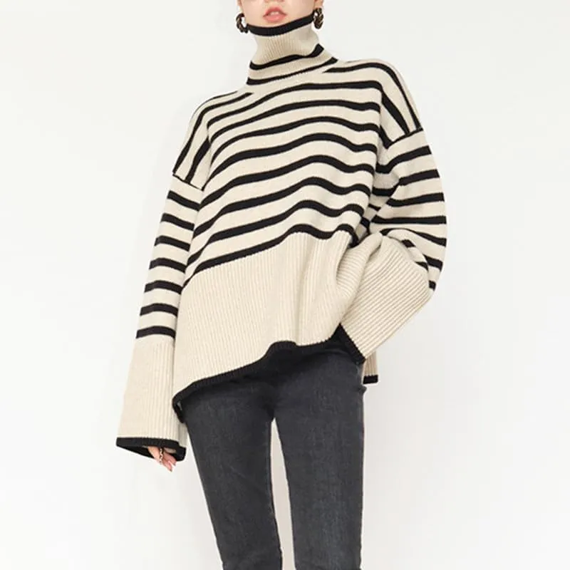 Women Turtleneck Striped Sweaters Oversized Stretch Pullover Sweater Ribbed Half Zipper Knit Jumper Tops Winter Outfits