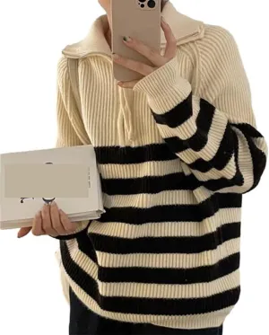 Women Turtleneck Striped Sweaters Oversized Stretch Pullover Sweater Ribbed Half Zipper Knit Jumper Tops Winter Outfits
