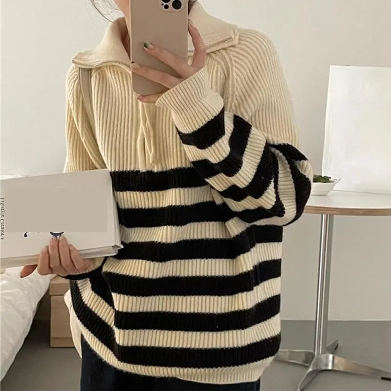 Women Turtleneck Striped Sweaters Oversized Stretch Pullover Sweater Ribbed Half Zipper Knit Jumper Tops Winter Outfits