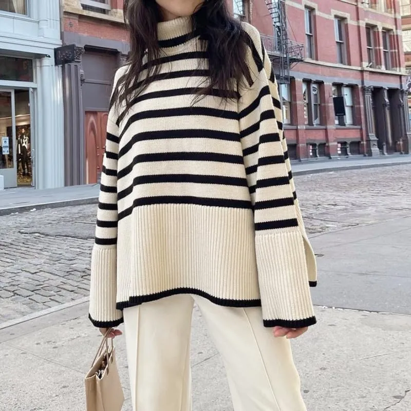 Women Turtleneck Striped Sweaters Oversized Stretch Pullover Sweater Ribbed Half Zipper Knit Jumper Tops Winter Outfits