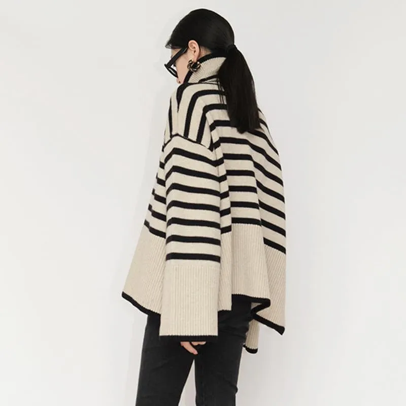 Women Turtleneck Striped Sweaters Oversized Stretch Pullover Sweater Ribbed Half Zipper Knit Jumper Tops Winter Outfits