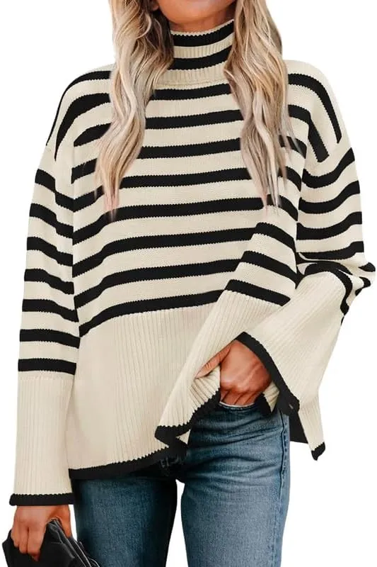Women Turtleneck Striped Sweaters Oversized Stretch Pullover Sweater Ribbed Half Zipper Knit Jumper Tops Winter Outfits