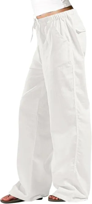 Women Wide Leg Cotton Linen Pants Casual High Waist Palazzo Pant Workout Loose Flowy Trouser with Pocket