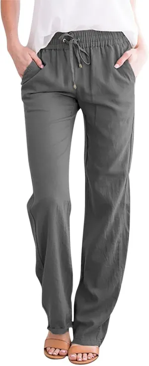 Women Wide Leg Linen Pants Summer High Waisted Palazzo Pants Drawstring Loose Fit Flowy Trousers with Pockets