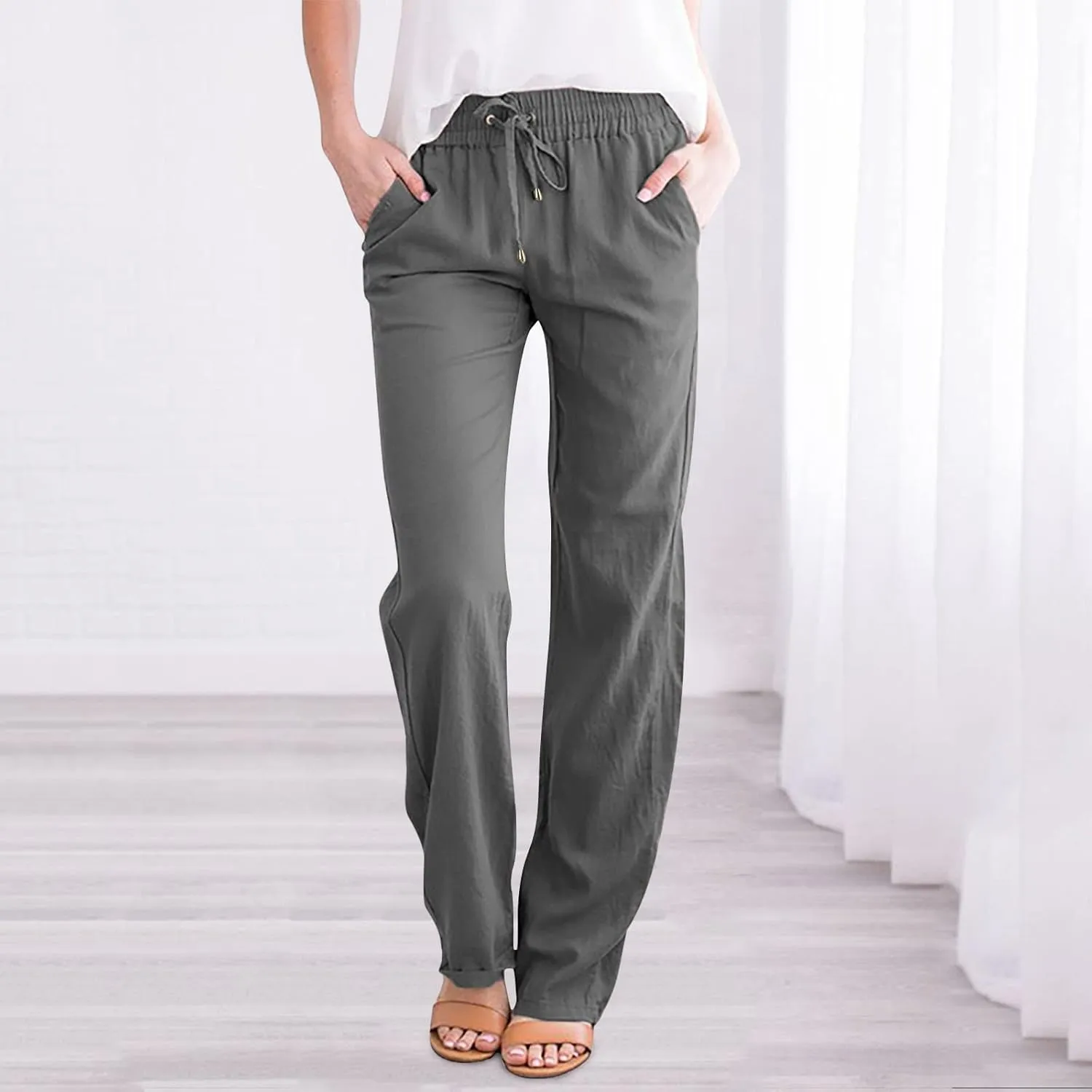 Women Wide Leg Linen Pants Summer High Waisted Palazzo Pants Drawstring Loose Fit Flowy Trousers with Pockets