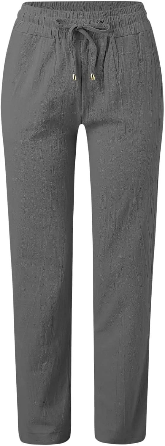 Women Wide Leg Linen Pants Summer High Waisted Palazzo Pants Drawstring Loose Fit Flowy Trousers with Pockets