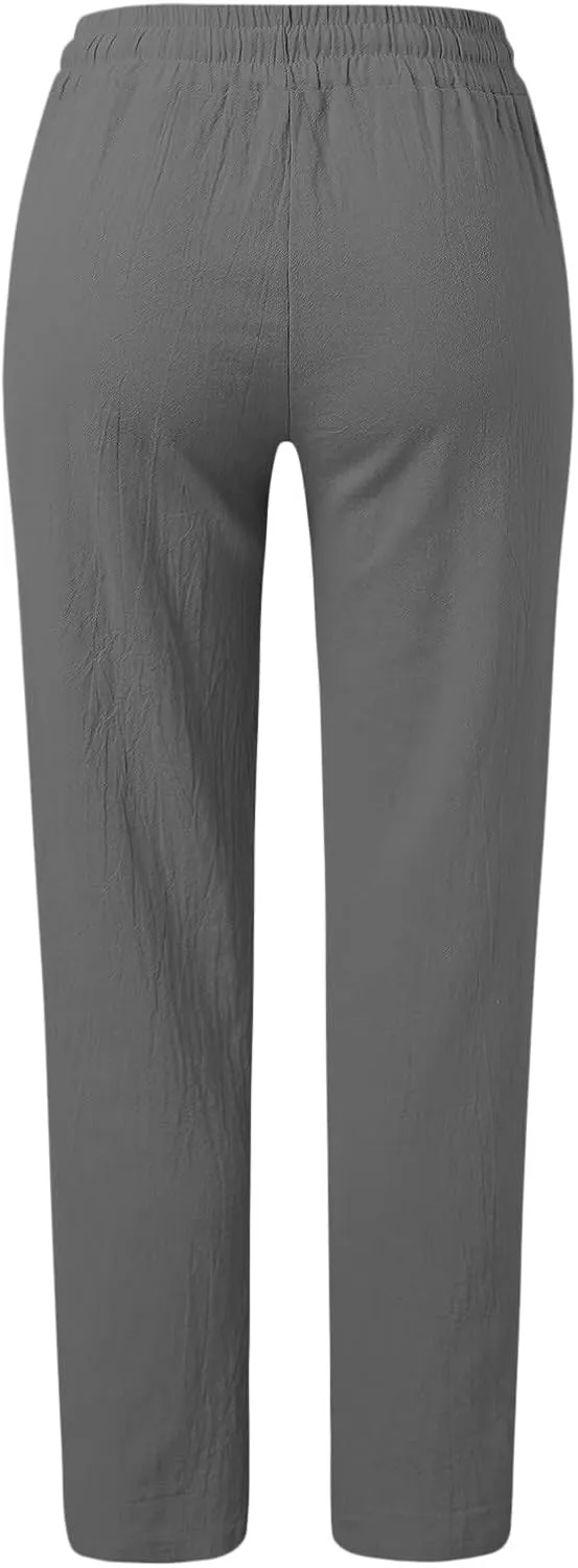 Women Wide Leg Linen Pants Summer High Waisted Palazzo Pants Drawstring Loose Fit Flowy Trousers with Pockets