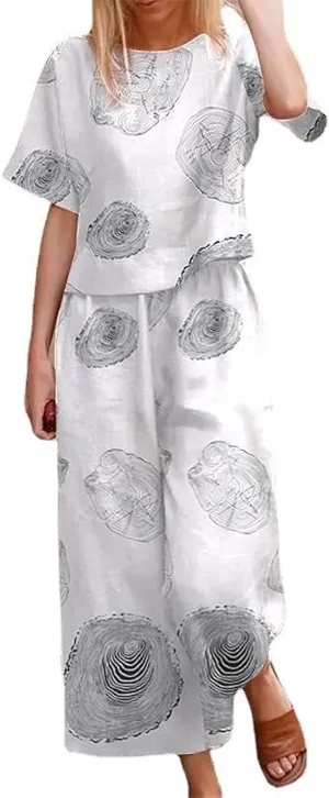 Women's 2 Piece Outfits Linen Short Sleeve Set Floral Print Crewneck Tops Wide Leg Pants Set Summer Matching Outfit