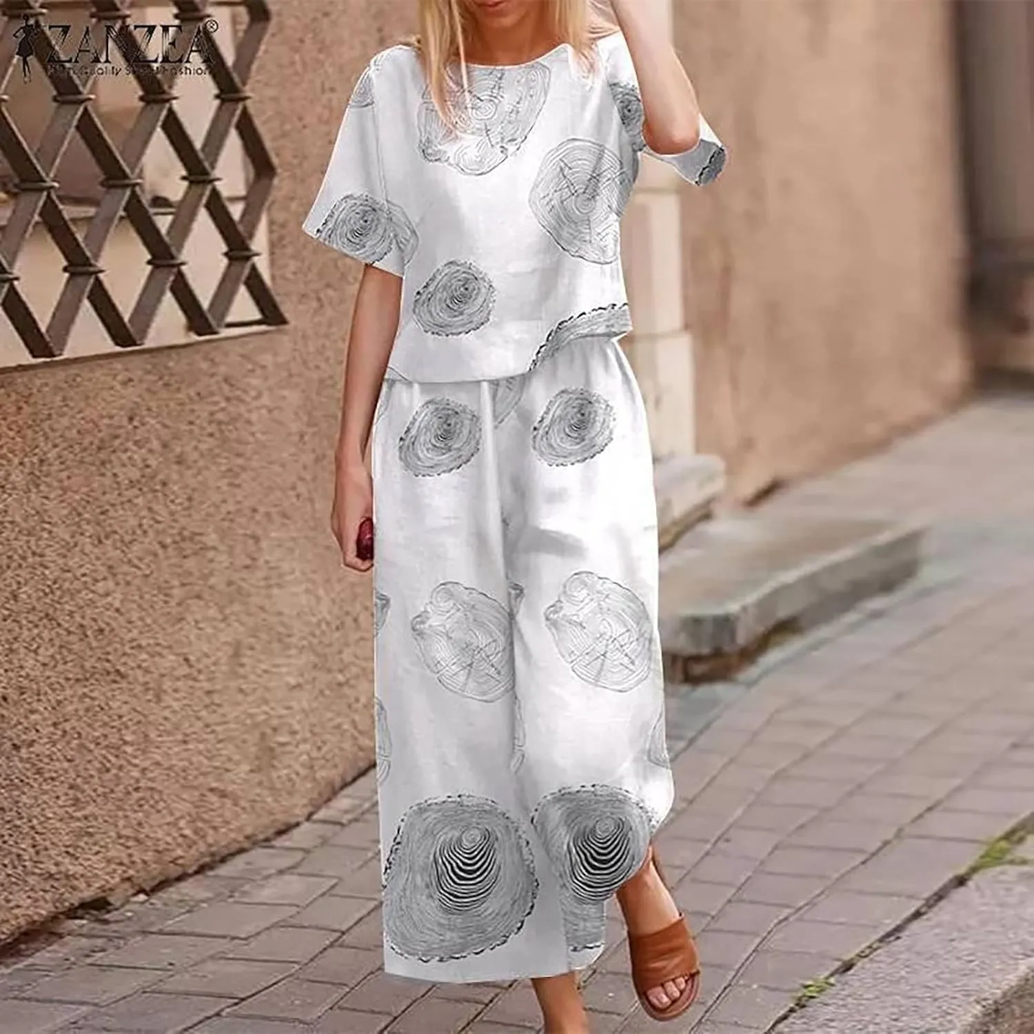 Women's 2 Piece Outfits Linen Short Sleeve Set Floral Print Crewneck Tops Wide Leg Pants Set Summer Matching Outfit