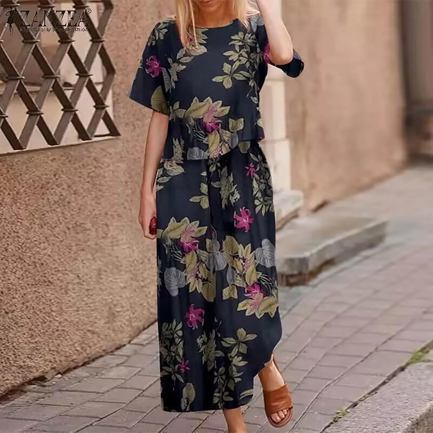 Women's 2 Piece Outfits Linen Short Sleeve Set Floral Print Crewneck Tops Wide Leg Pants Set Summer Matching Outfit