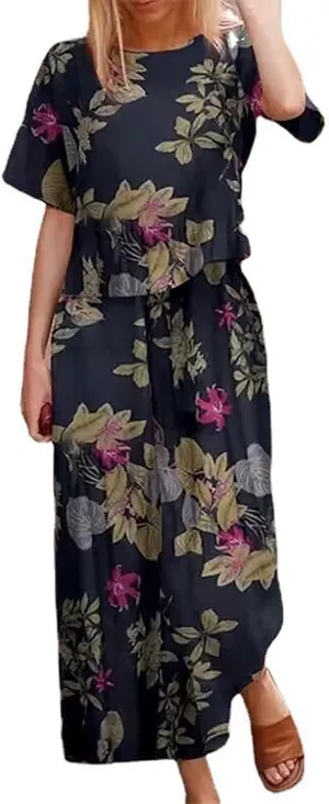 Women's 2 Piece Outfits Linen Short Sleeve Set Floral Print Crewneck Tops Wide Leg Pants Set Summer Matching Outfit