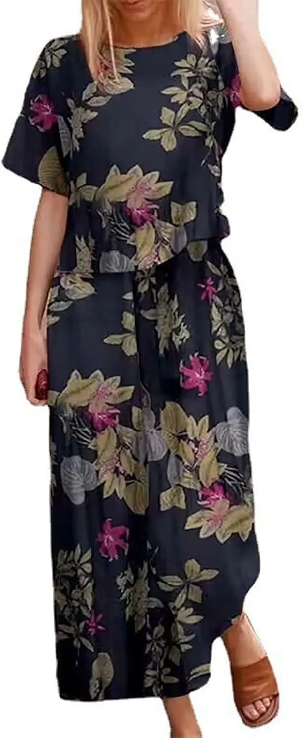 Women's 2 Piece Outfits Linen Short Sleeve Set Floral Print Crewneck Tops Wide Leg Pants Set Summer Matching Outfit
