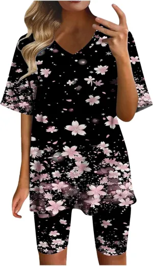 Womens 2 Piece Sets Summer Outfits 2025 Oversized Short Sleeve T Shirts Biker Shorts Casual Floral Print Loungewear
