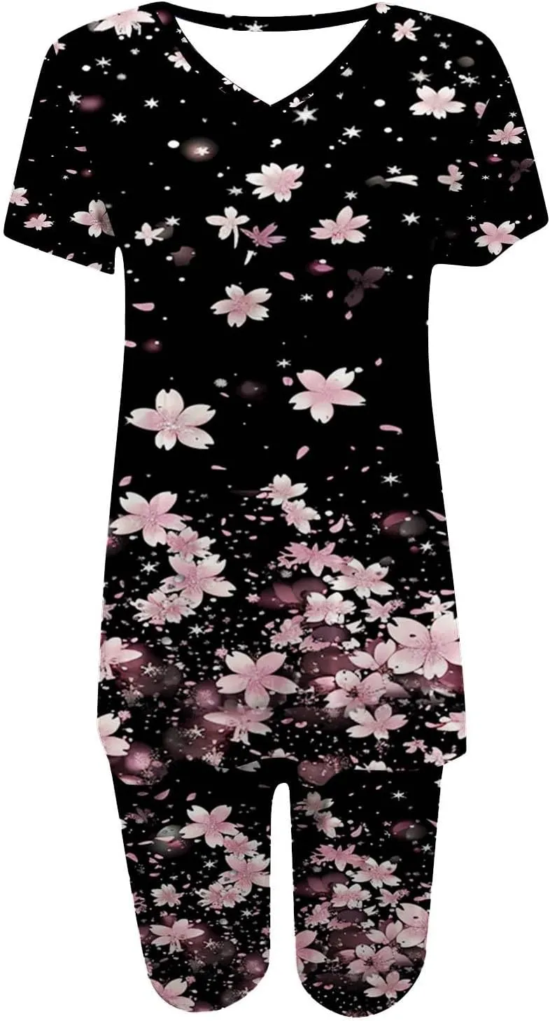 Womens 2 Piece Sets Summer Outfits 2025 Oversized Short Sleeve T Shirts Biker Shorts Casual Floral Print Loungewear