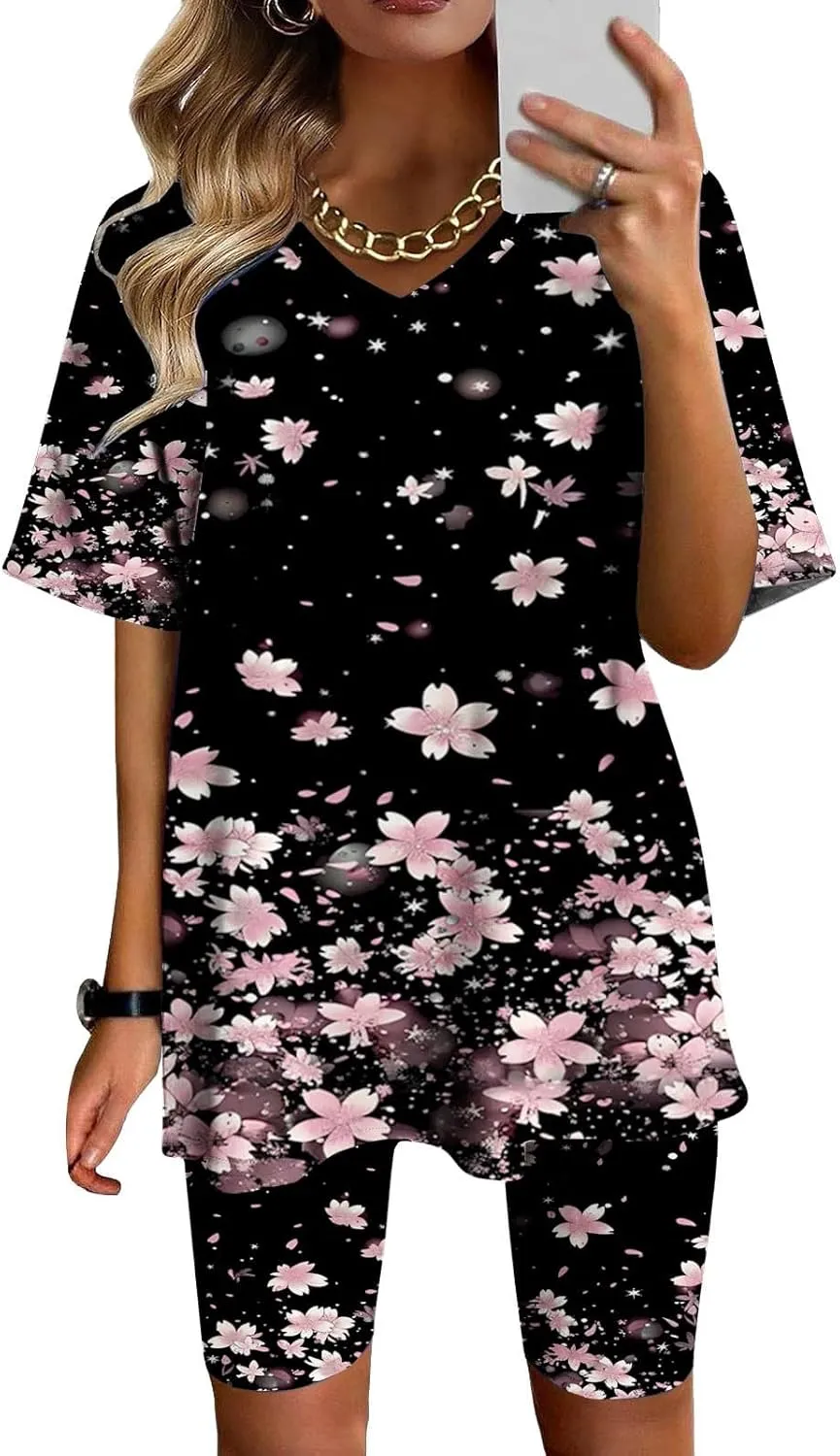 Womens 2 Piece Sets Summer Outfits 2025 Oversized Short Sleeve T Shirts Biker Shorts Casual Floral Print Loungewear