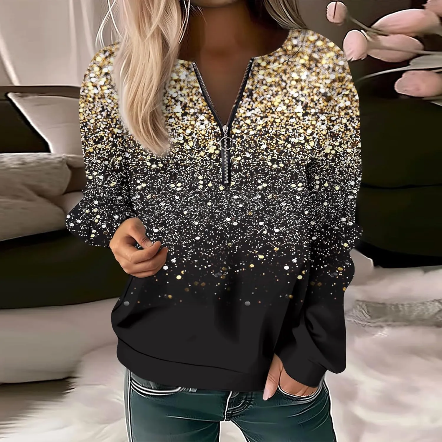 Womens 2024 Fall Trendy Sequin Glitter Sparkly Crew Neck Half Zip Long Sleeve Tops Comfy Star Sweatshirts