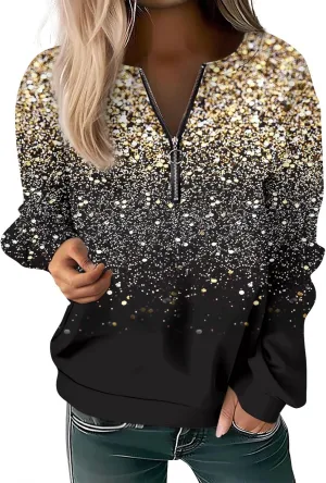 Womens 2024 Fall Trendy Sequin Glitter Sparkly Crew Neck Half Zip Long Sleeve Tops Comfy Star Sweatshirts