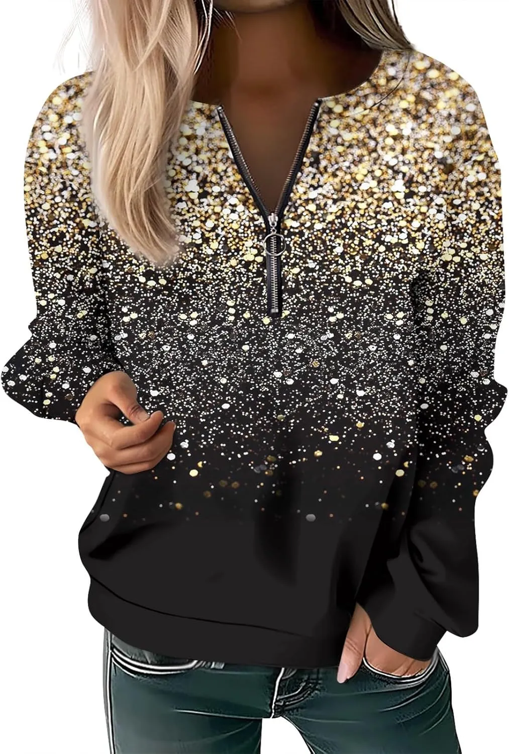 Womens 2024 Fall Trendy Sequin Glitter Sparkly Crew Neck Half Zip Long Sleeve Tops Comfy Star Sweatshirts