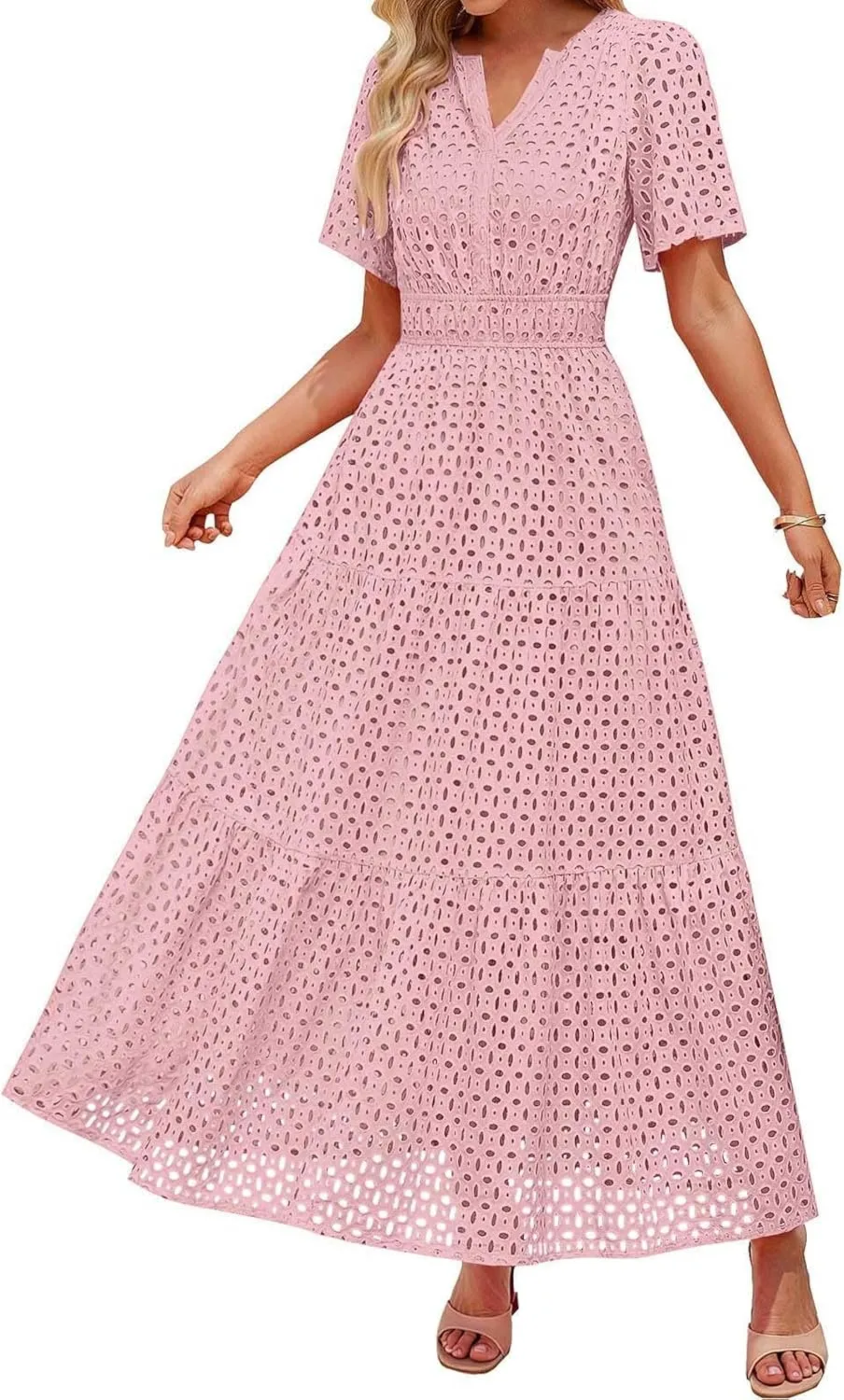 Women's 2025 Summer V Neck Hollow Out Casual Eyelet Ruffle Swing A Line Dress Short Sleeve Boho Long Maxi Dresses