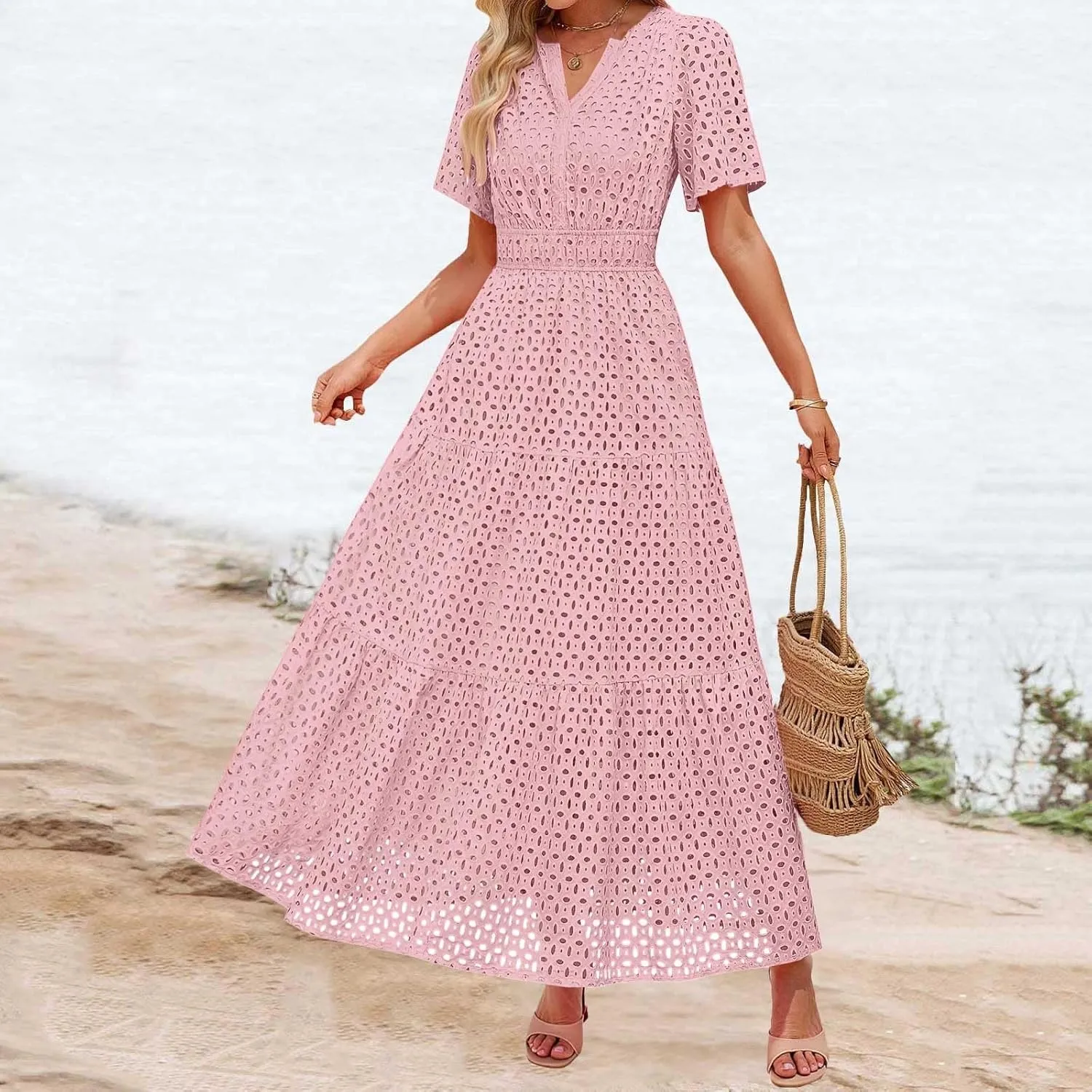 Women's 2025 Summer V Neck Hollow Out Casual Eyelet Ruffle Swing A Line Dress Short Sleeve Boho Long Maxi Dresses