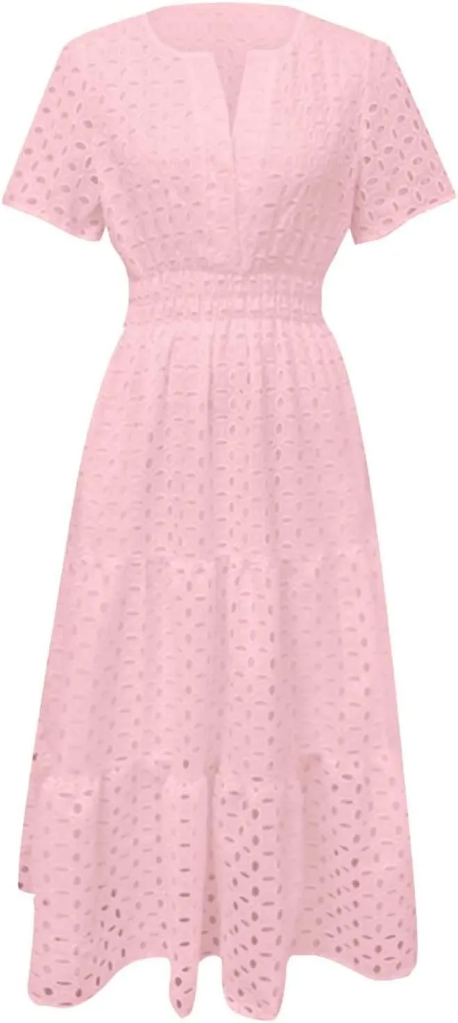 Women's 2025 Summer V Neck Hollow Out Casual Eyelet Ruffle Swing A Line Dress Short Sleeve Boho Long Maxi Dresses