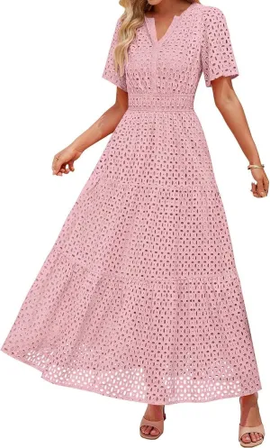 Women's 2025 Summer V Neck Hollow Out Casual Eyelet Ruffle Swing A Line Dress Short Sleeve Boho Long Maxi Dresses