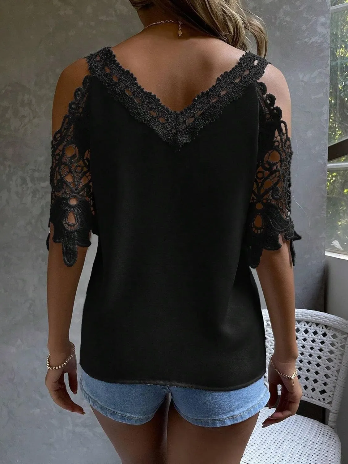 Women's Blouses Shirts Cold Shoulder Guipure Lace Blouse Trendy Tshirts Tops