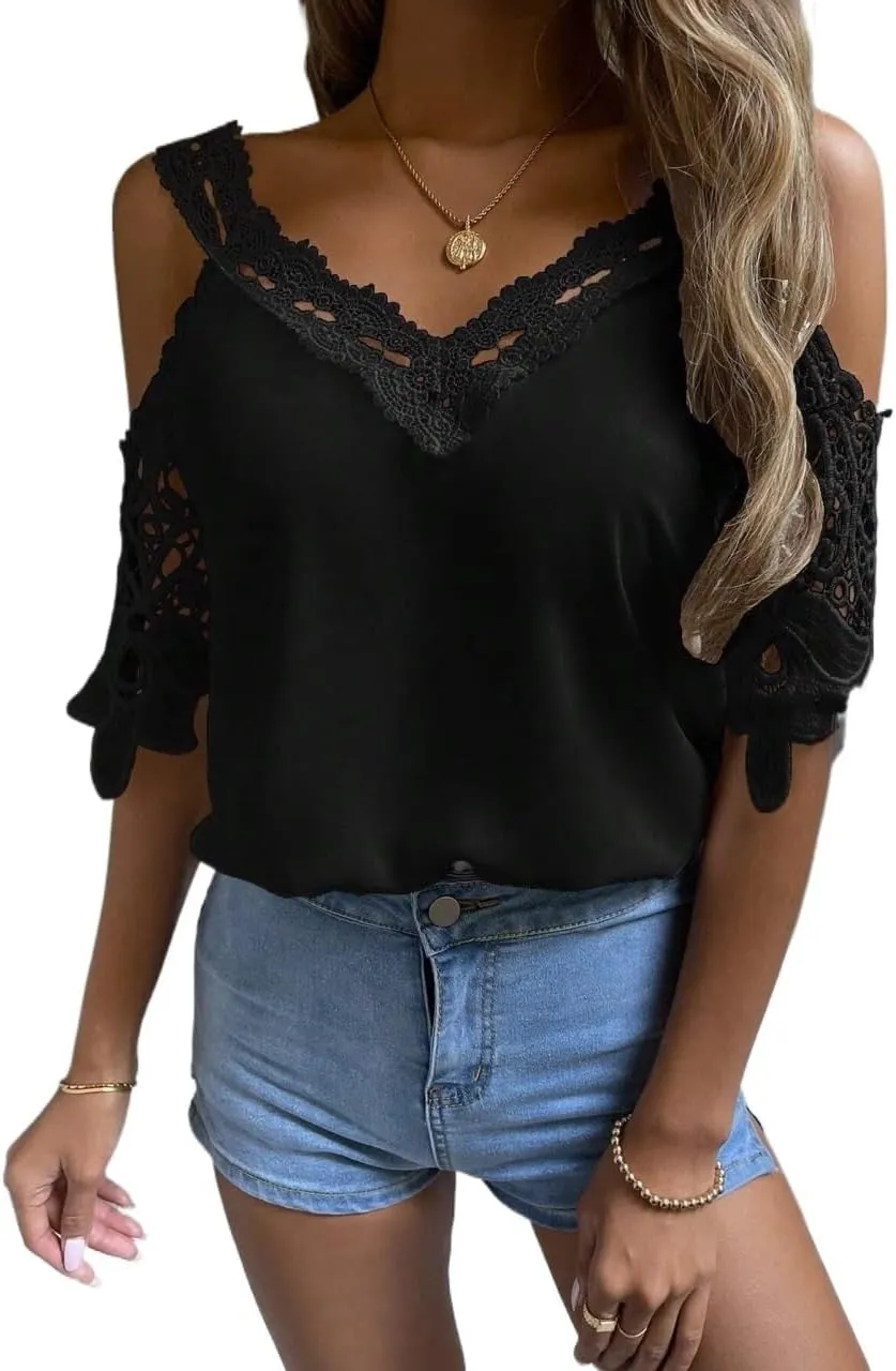 Women's Blouses Shirts Cold Shoulder Guipure Lace Blouse Trendy Tshirts Tops