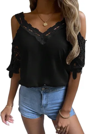 Women's Blouses Shirts Cold Shoulder Guipure Lace Blouse Trendy Tshirts Tops
