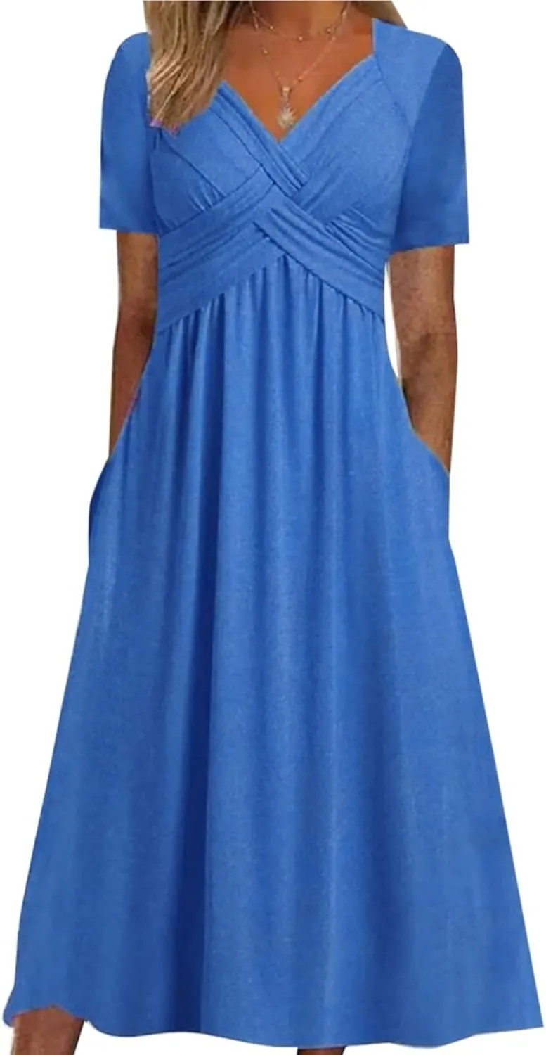 Women's Boho Floral Flowy A Line Midi Dress Casual Summer Short Sleeve Beach Vacation Dresses with Pockets
