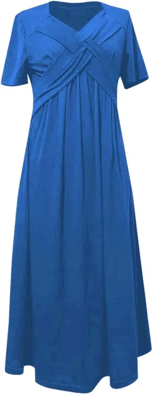 Women's Boho Floral Flowy A Line Midi Dress Casual Summer Short Sleeve Beach Vacation Dresses with Pockets