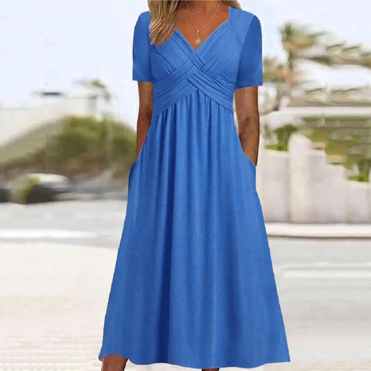 Women's Boho Floral Flowy A Line Midi Dress Casual Summer Short Sleeve Beach Vacation Dresses with Pockets